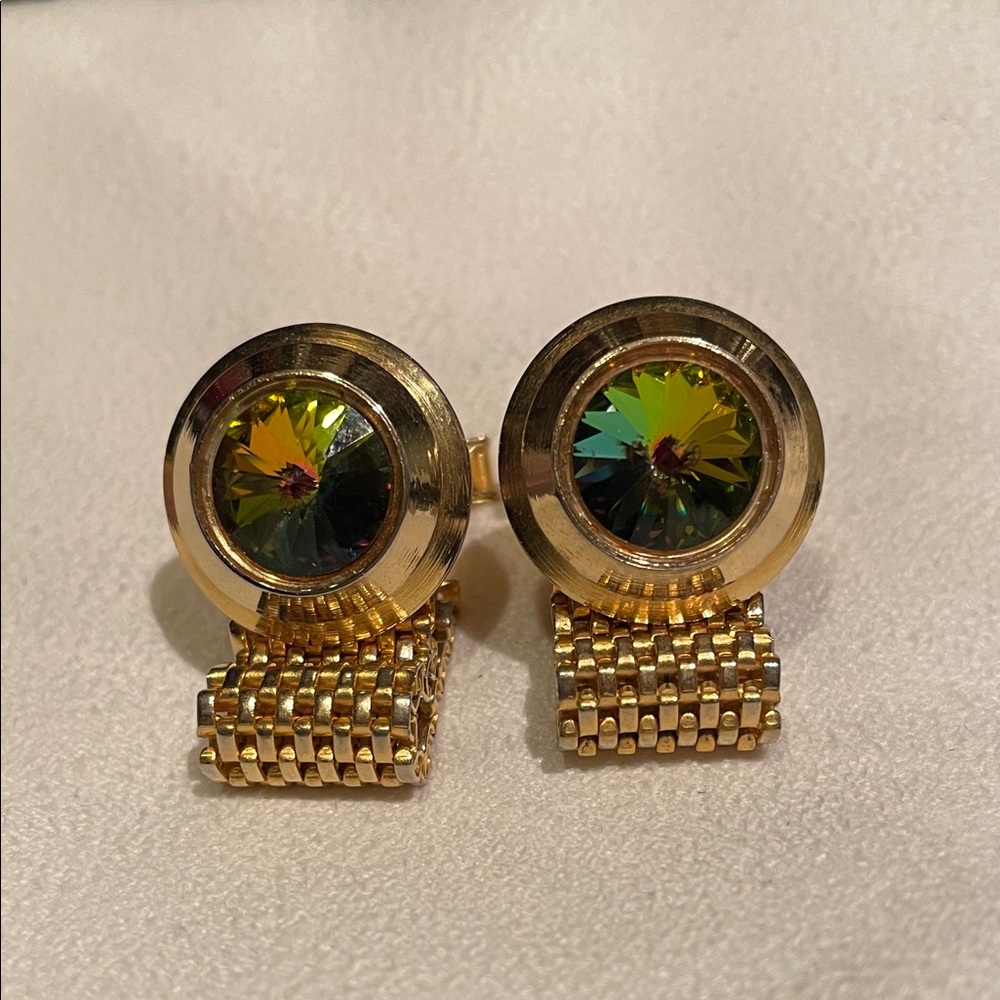 Vintage Gold-Tone Cufflinks with Green Central Stone